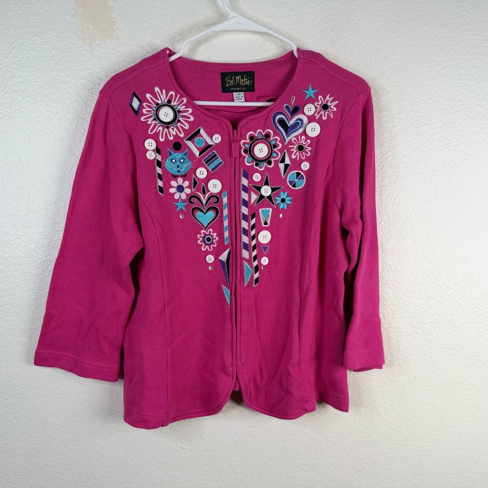 Bob Mackie Wearable Art Cardigan Pink Sz M Folk Art Cat Colorful Full Zip